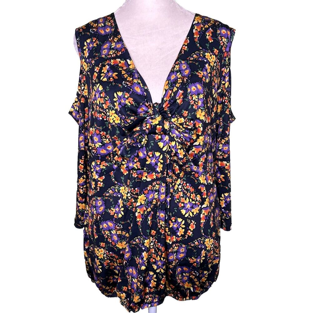Roz Ali Womens Top size 2X black multicolor floral fitted bottom stretch shirt
